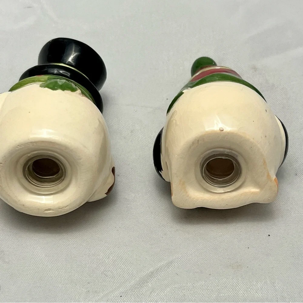Whimsical Winter Snowman & Penguin Salt/Pepper Shakers, Rubber Stoppers, Vintage